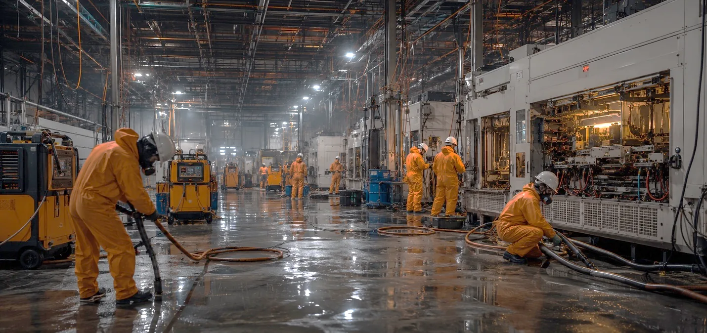 Technicians in protective suits decontaminating a flood-damaged production floor