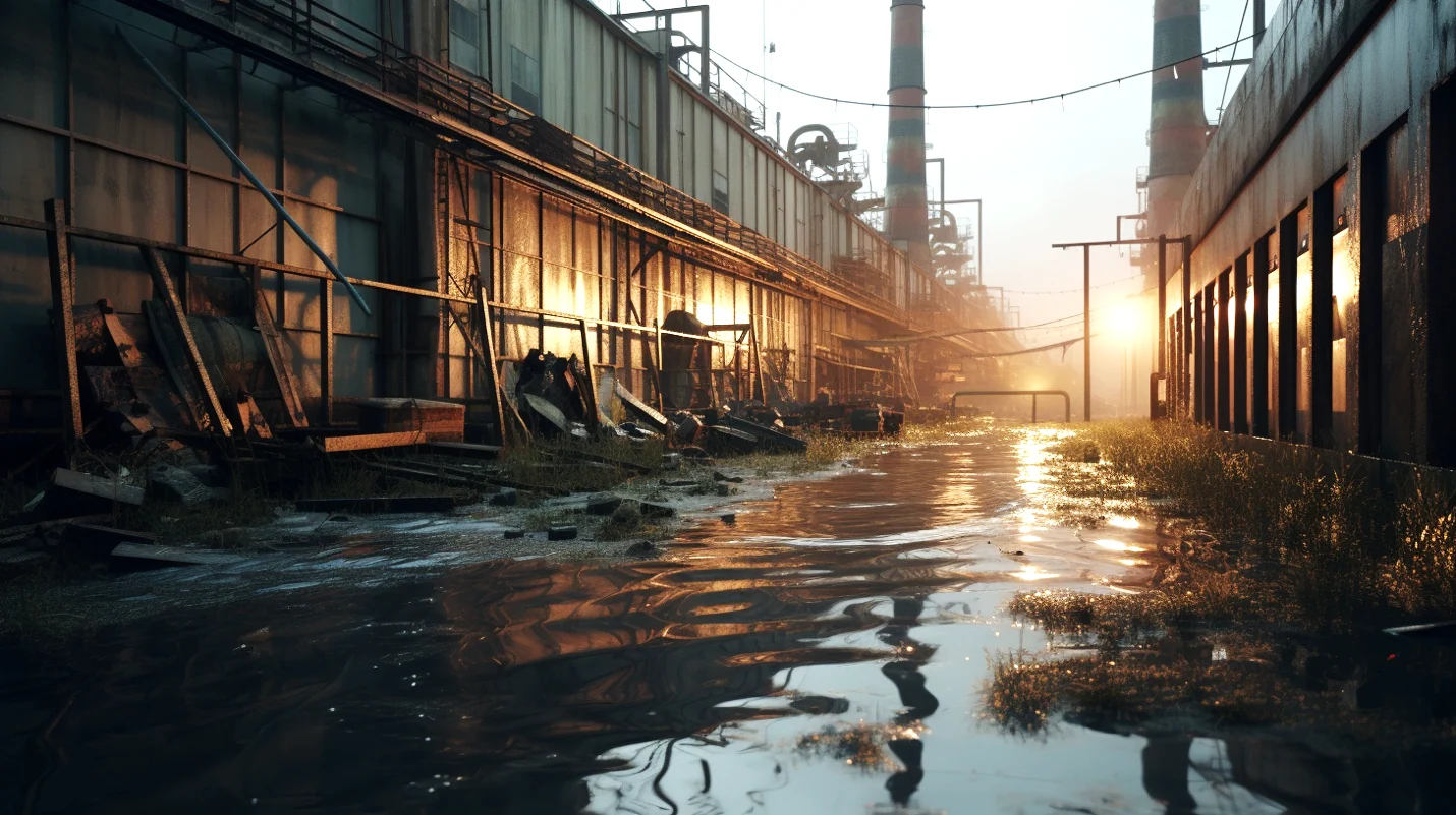 Floodwater standing between buildings at an industrial site at dawn