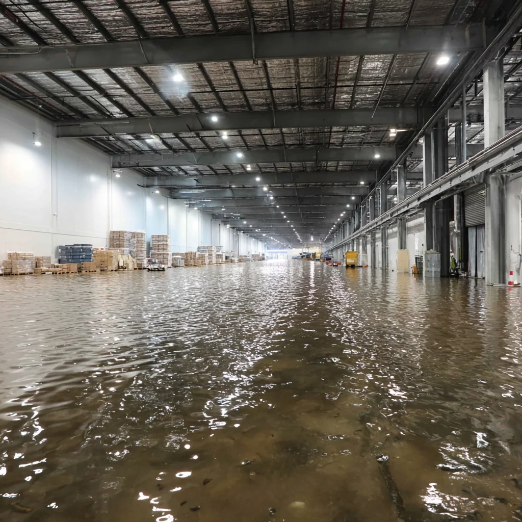 Floodwater covering the floor of a large distribution warehouse