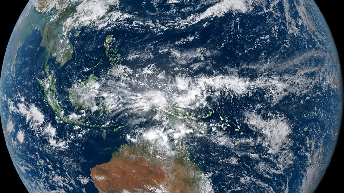 Satellite view of monsoon cloud systems over Southeast Asia and Australia