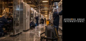 Restoration technicians recovering flood-damaged process equipment in a cleanroom