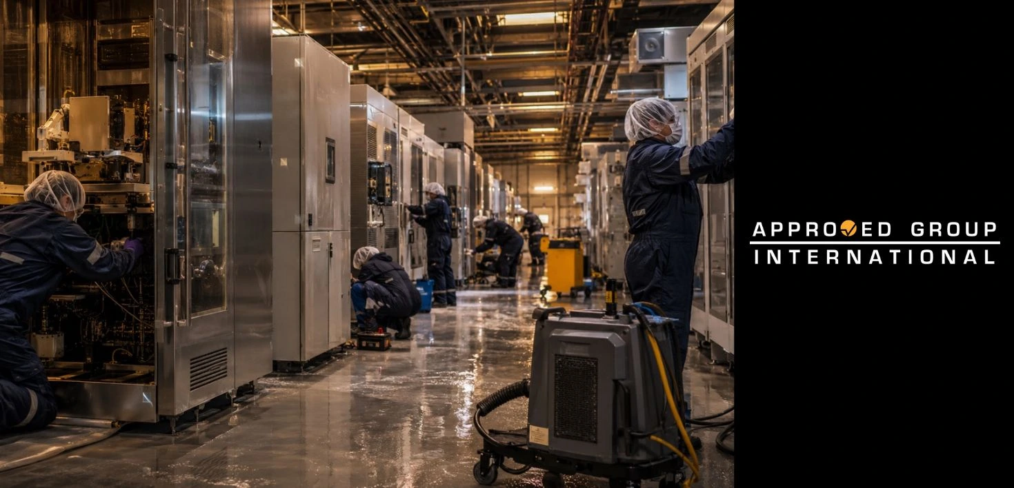 Restoration technicians recovering flood-damaged process equipment in a cleanroom